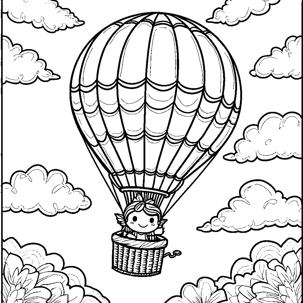 A Rainbow High character flying a colorful hot air balloon