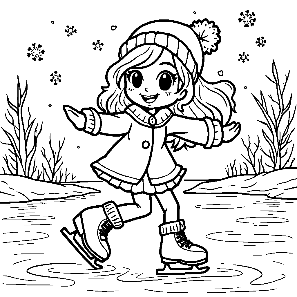 A Rainbow High character ice skating on a winter pond with snowflakes