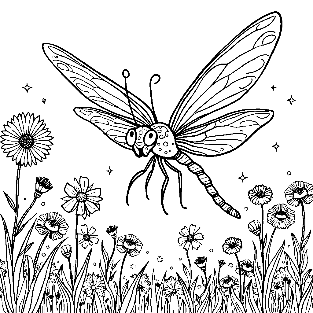 A whimsical dragonfly with a group of Rainbow High characters in a flower field