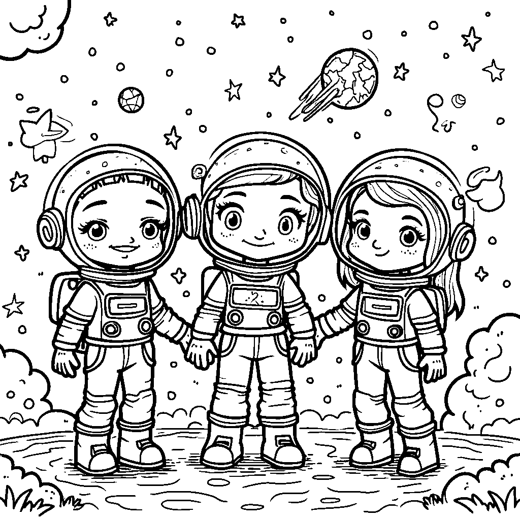 A whimsical outer space scene with Rainbow High characters as astronauts