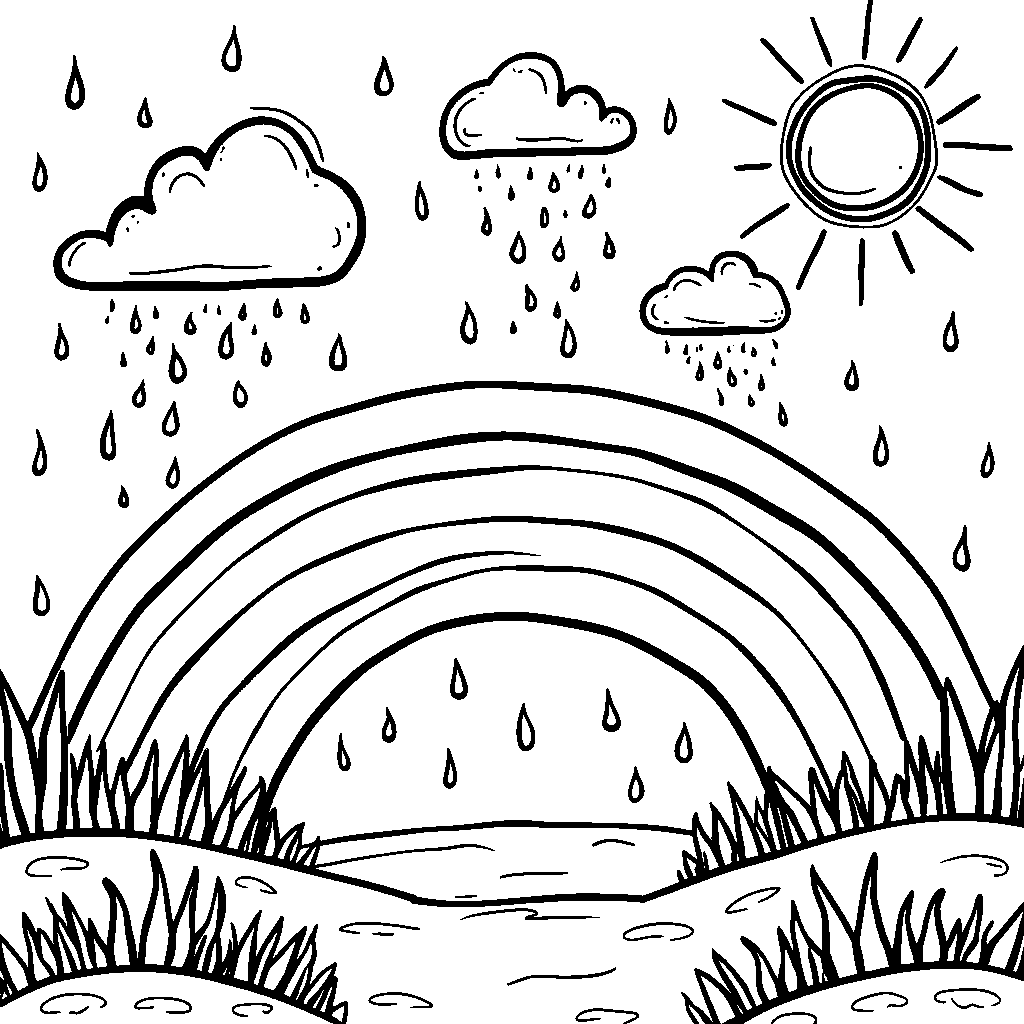 A whimsical weather scene with a sun, rain, and a rainbow