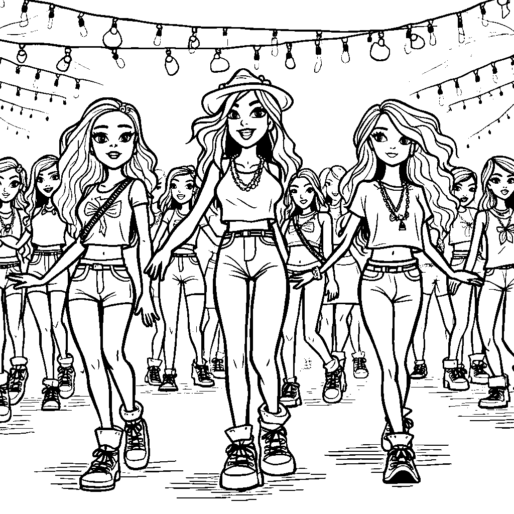 A dynamic scene of Rainbow High characters dancing at a music festival