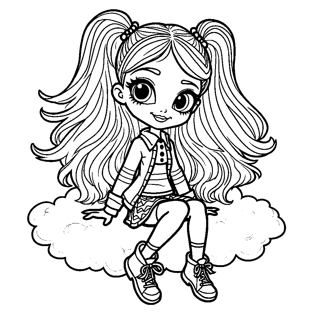 A friendly Rainbow High character with colorful hair and a stylish outfit sitting on a cloud