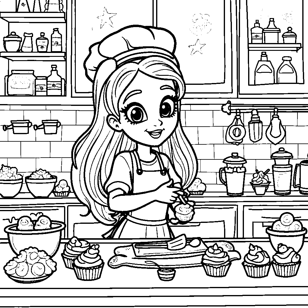 Rainbow High character baking colorful cupcakes in a fun kitchen