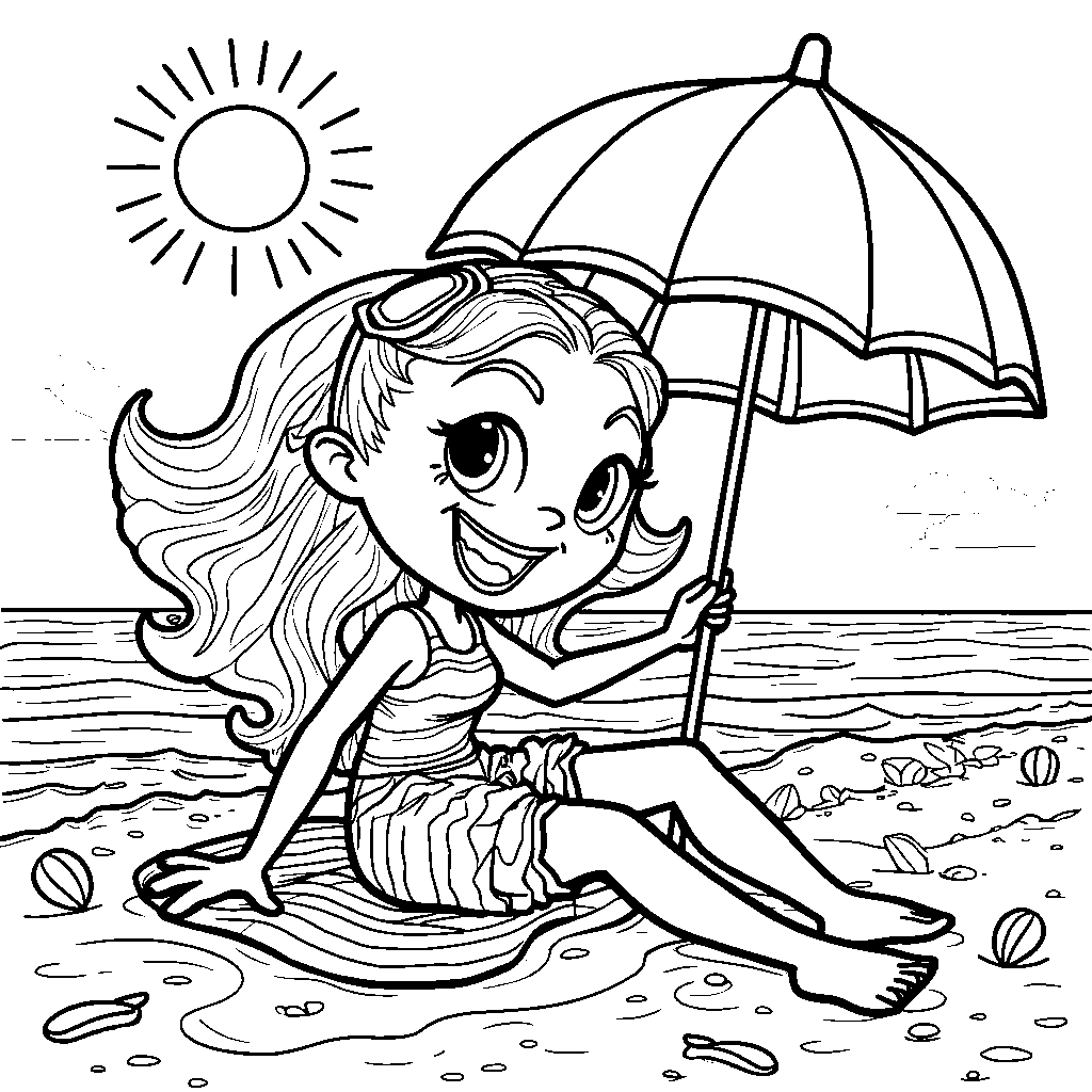 A Rainbow High character enjoying a day at the beach with a colorful parasol