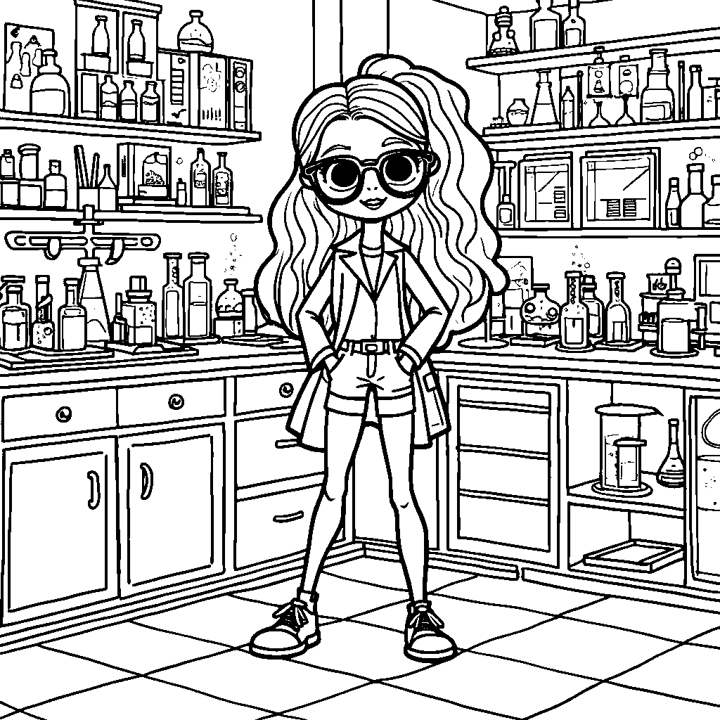 A Rainbow High character exploring a science lab with colorful experiments