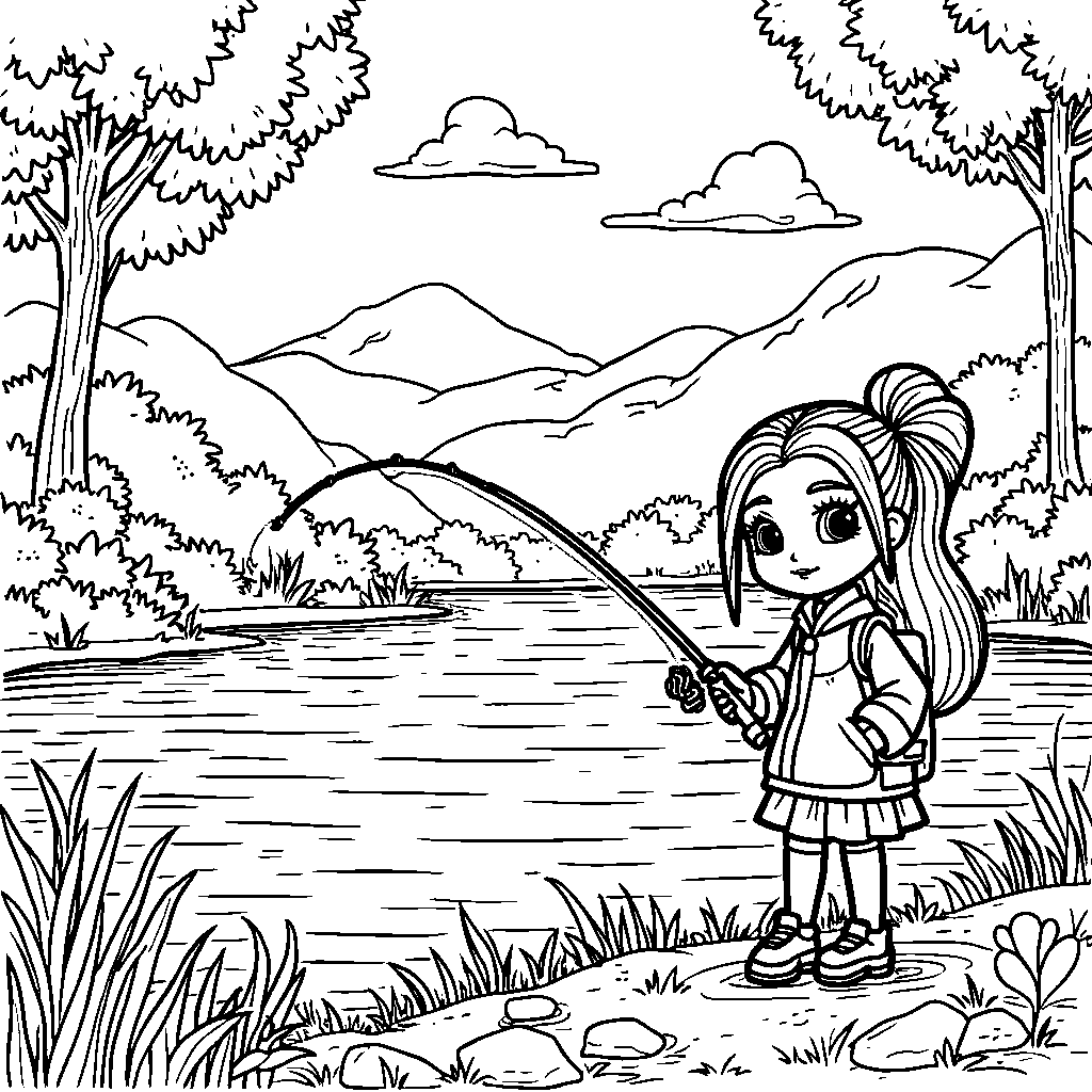 A Rainbow High character fishing at a serene lake surrounded by nature