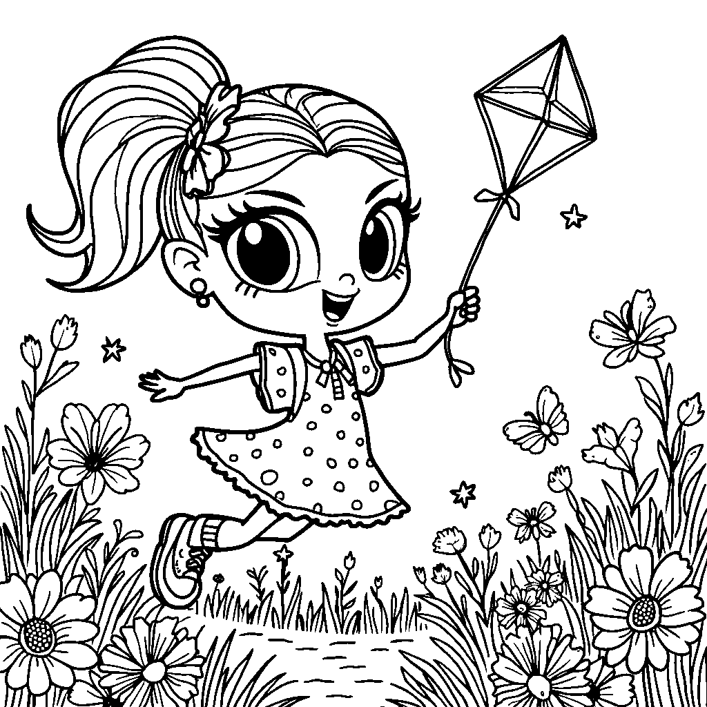 Rainbow High character flying a kite in a colorful meadow