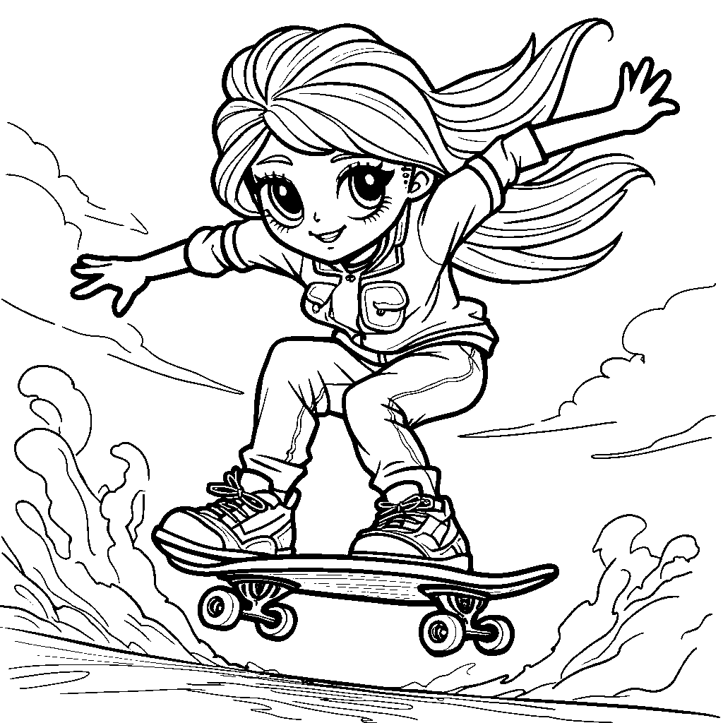 Rainbow High character riding a skateboard and performing tricks