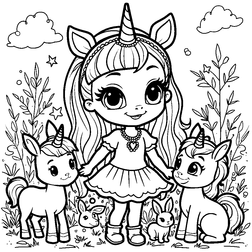 A Rainbow High character surrounded by adorable animal friends like unicorns and bunnies