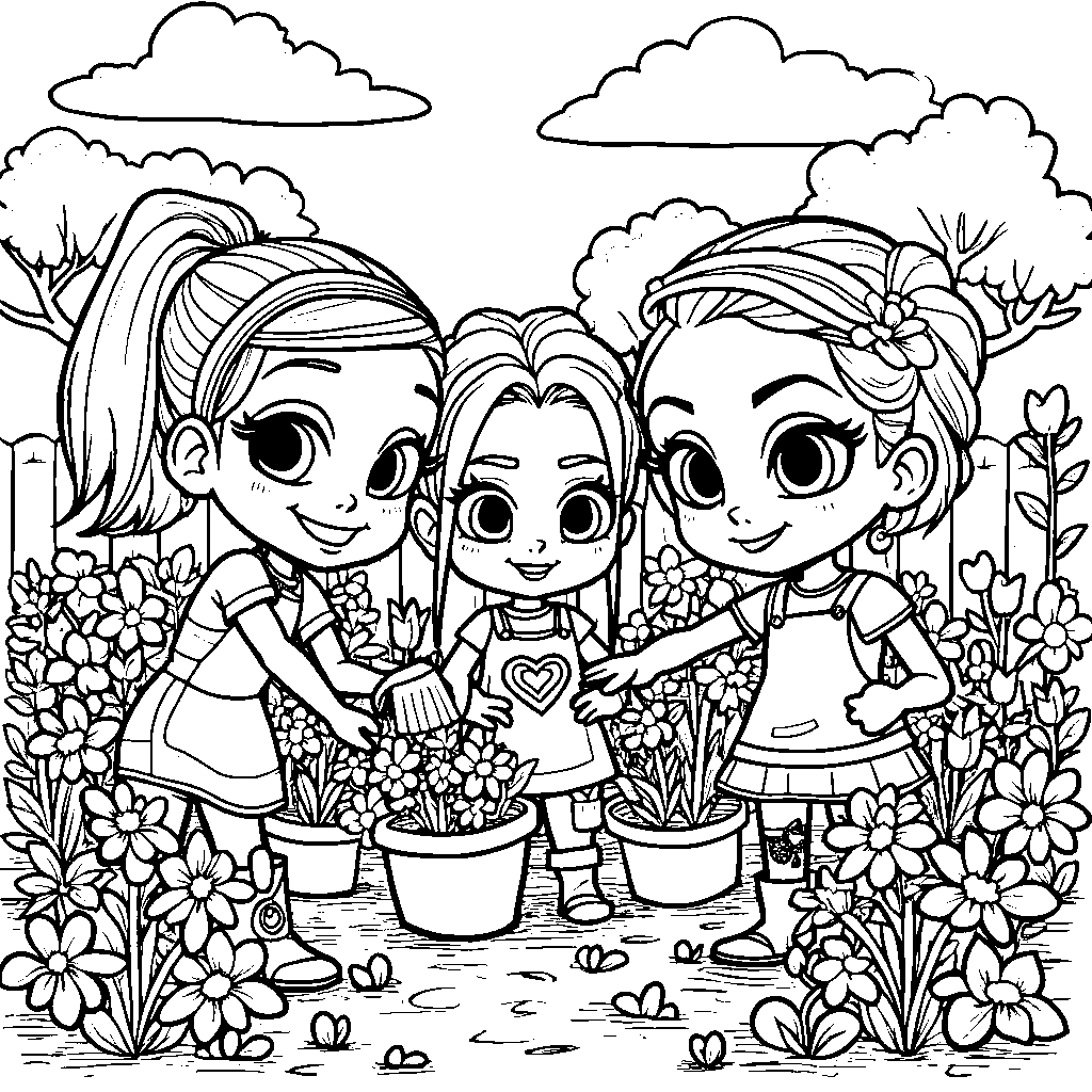 Rainbow High characters gardening together, planting colorful flowers