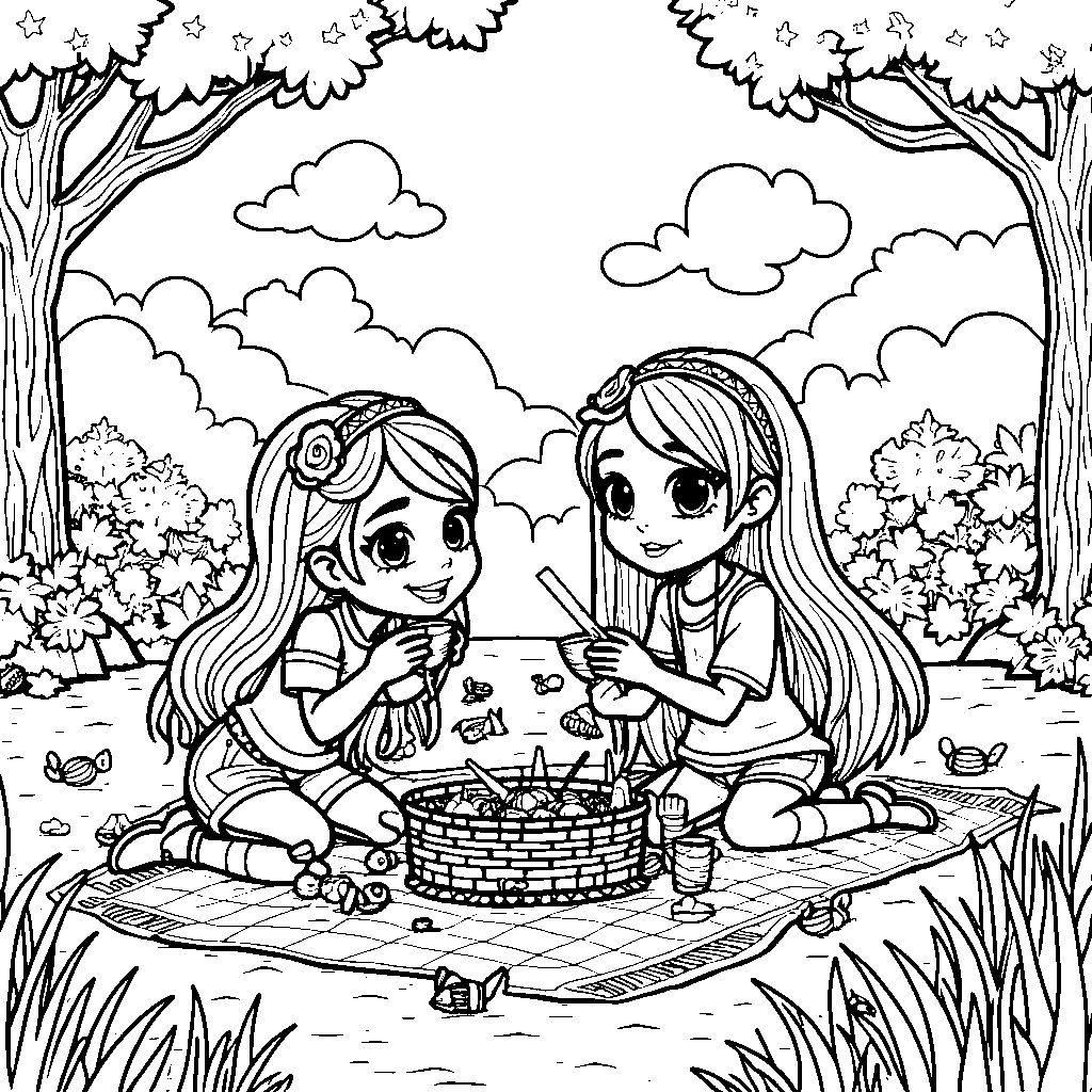 Rainbow High characters having a picnic in a beautiful park