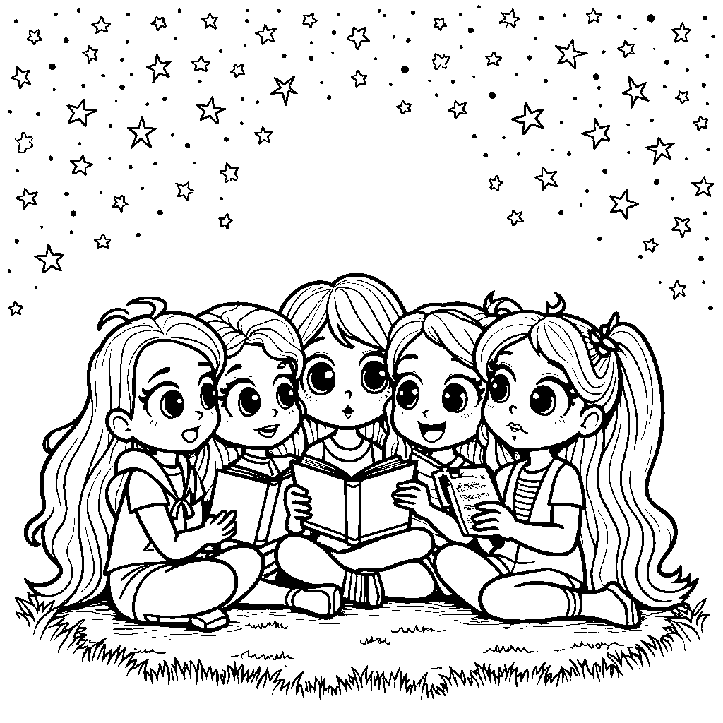 Rainbow High characters sharing stories under a twinkling starlit sky