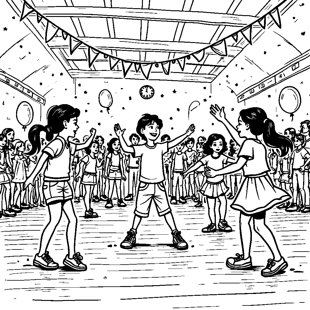 A Rainbow High school scene with kids dancing at a fun school party