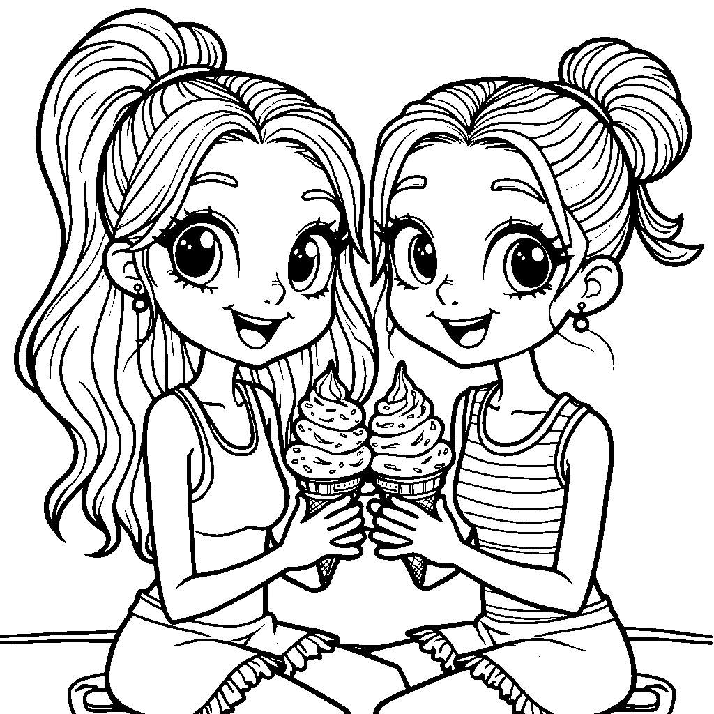 Two friends from Rainbow High sharing ice cream cones with colorful toppings