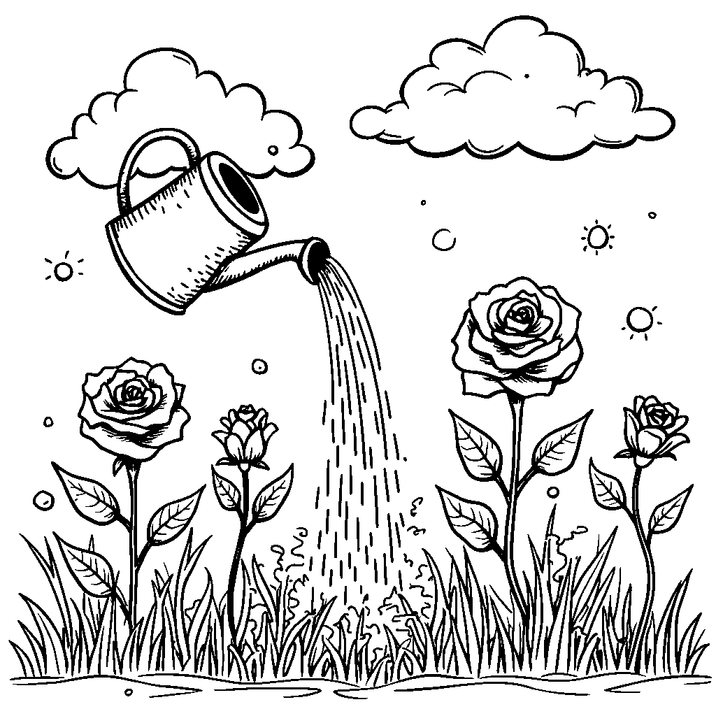 A rose being watered by a happy cloud