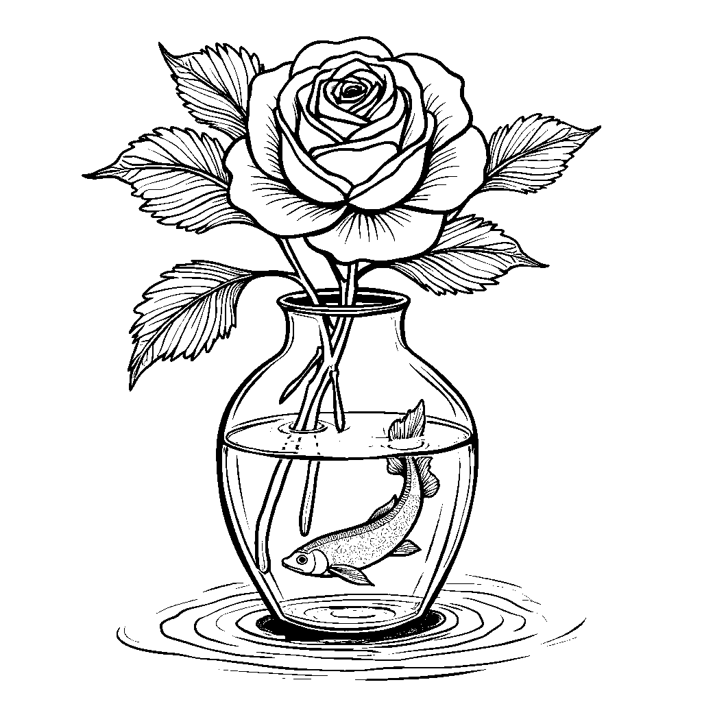 A rose in a vase with a fish swimming around it