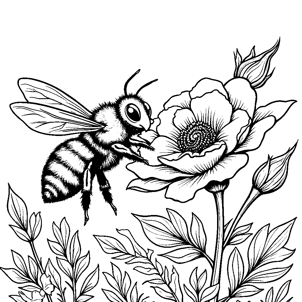 A rose with a bee collecting nectar