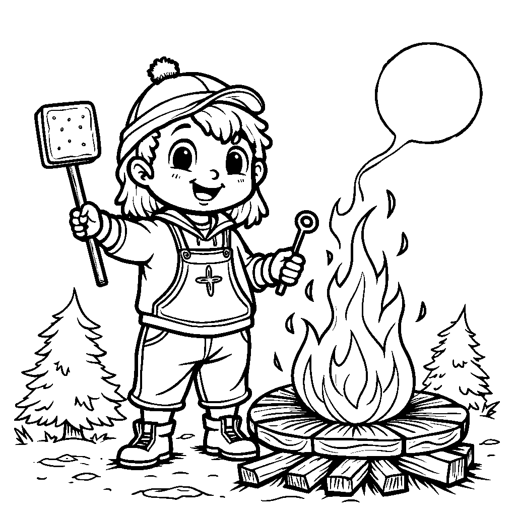 A camper holding a s'mores-making stick with a proud smile