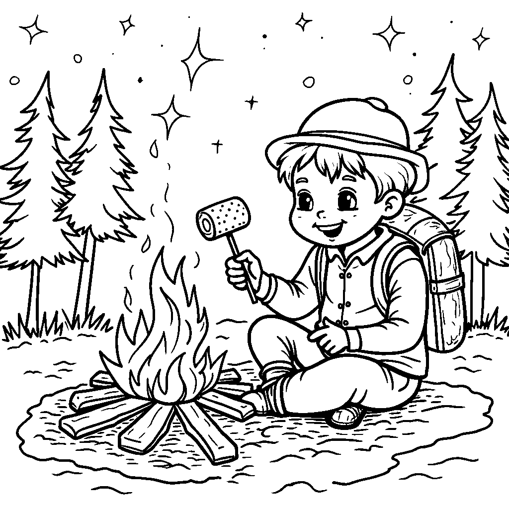 A camper snuggled up by a campfire with a s'mores treat