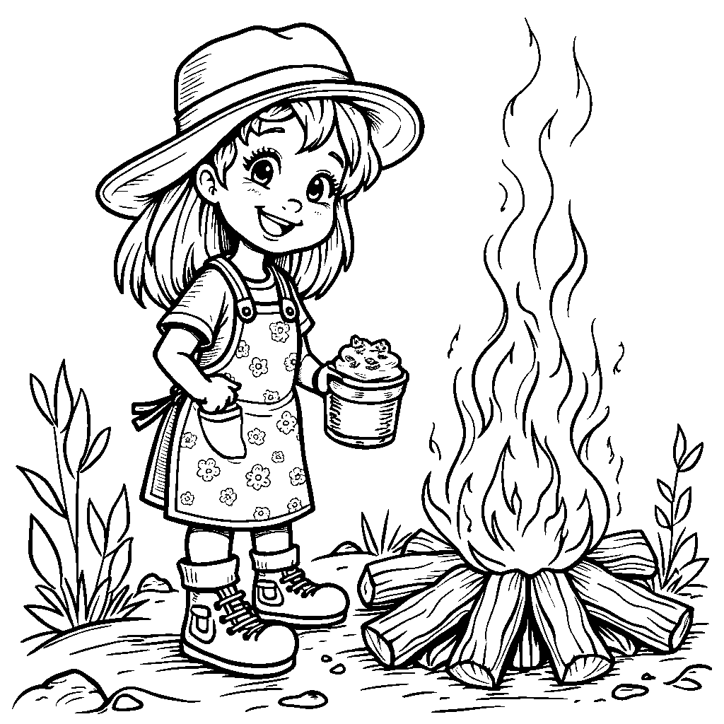 A camper wearing a s'mores-printed apron, cooking up a treat