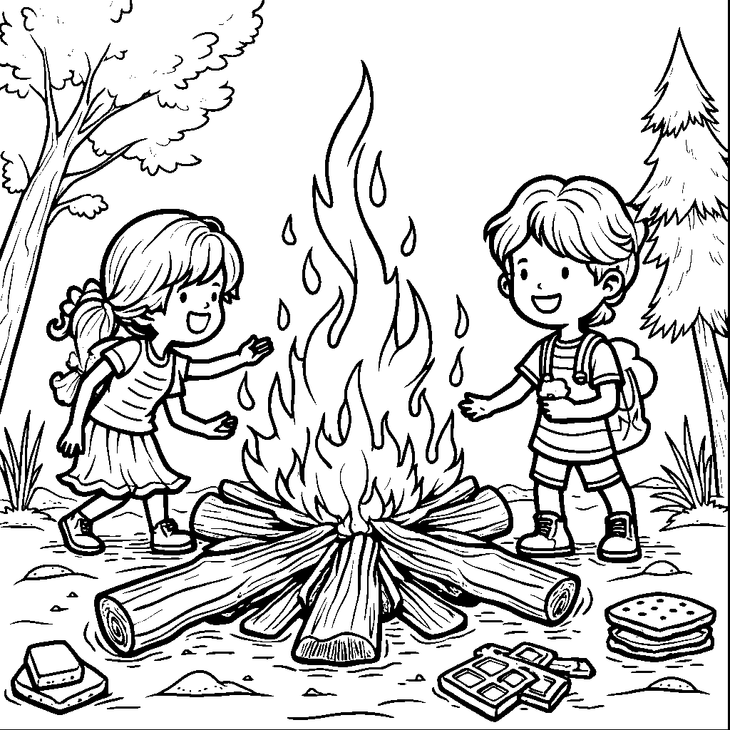 A campfire with s'mores ingredients dancing around it