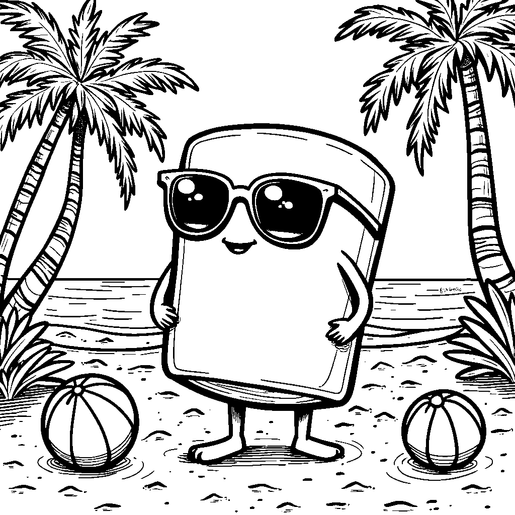 A giant marshmallow wearing sunglasses on a beach