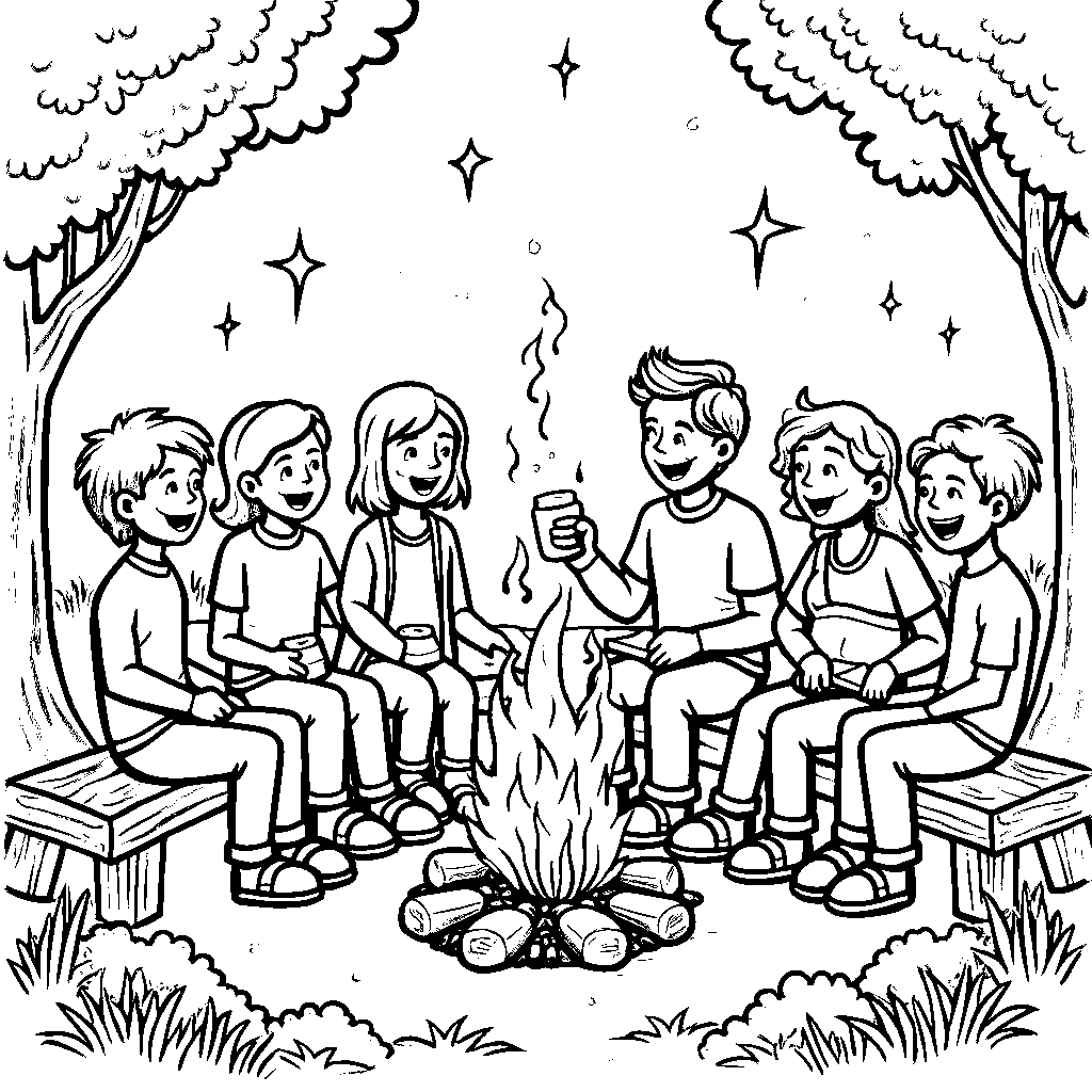 A group of friends making s'mores together around a campfire