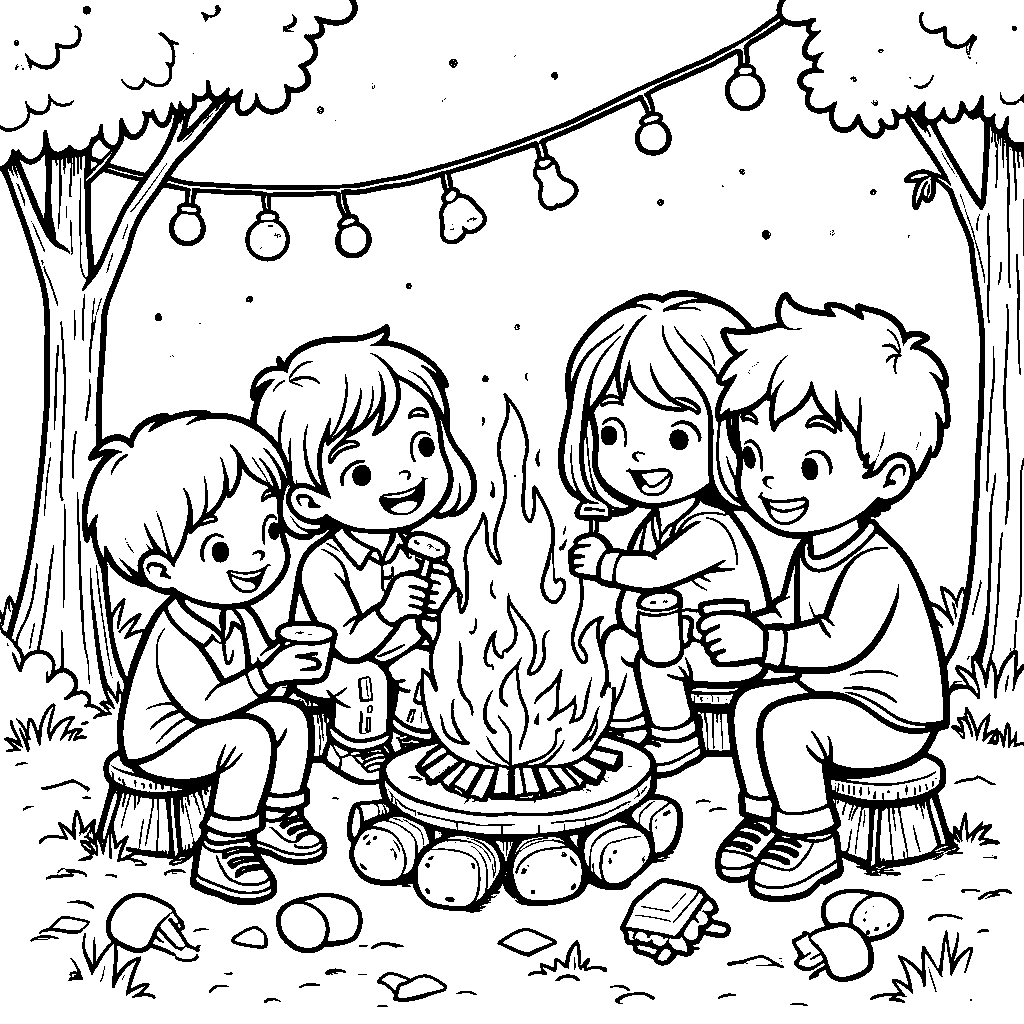 A group of kids having a s'mores party in a backyard