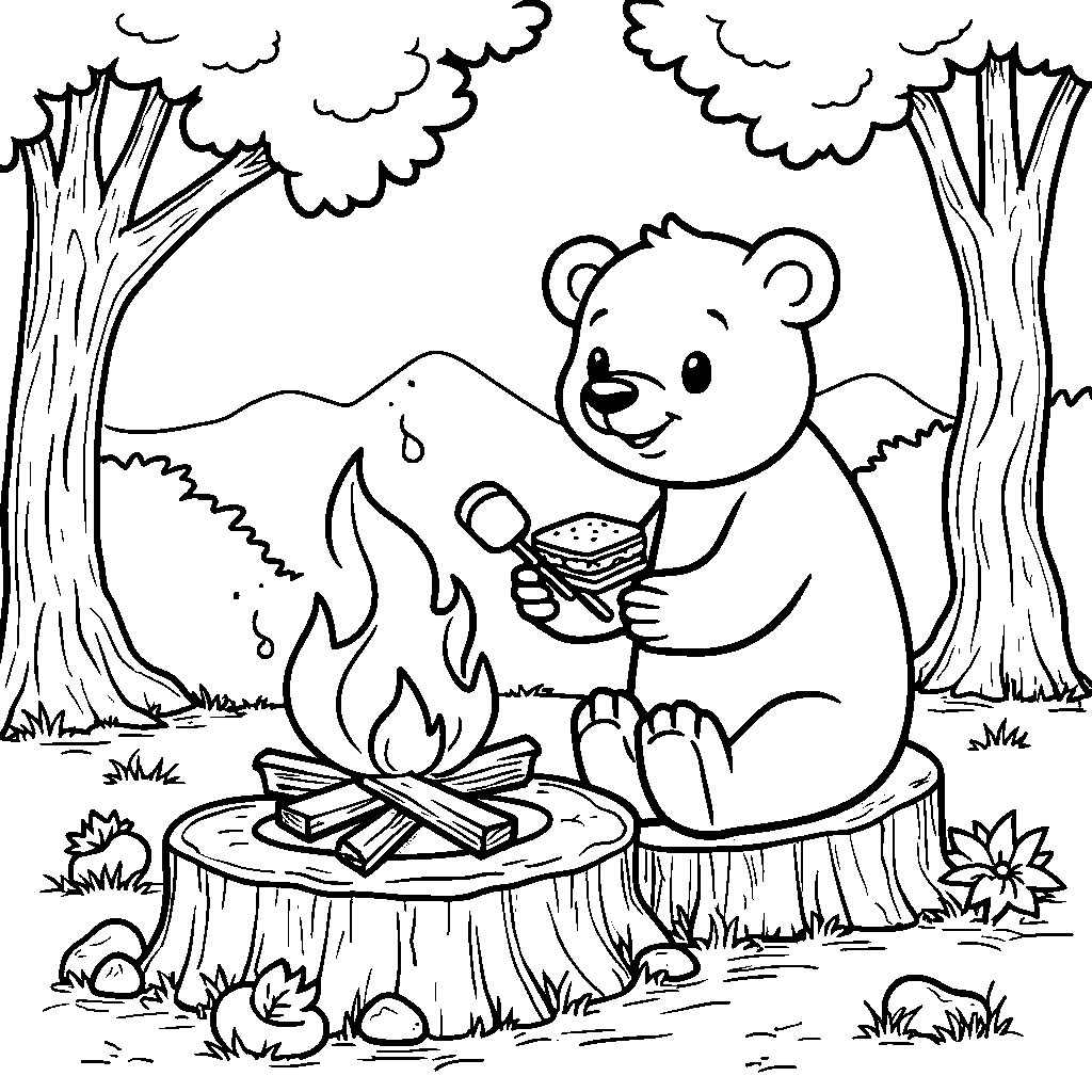 A happy bear enjoying a s'mores snack in the woods