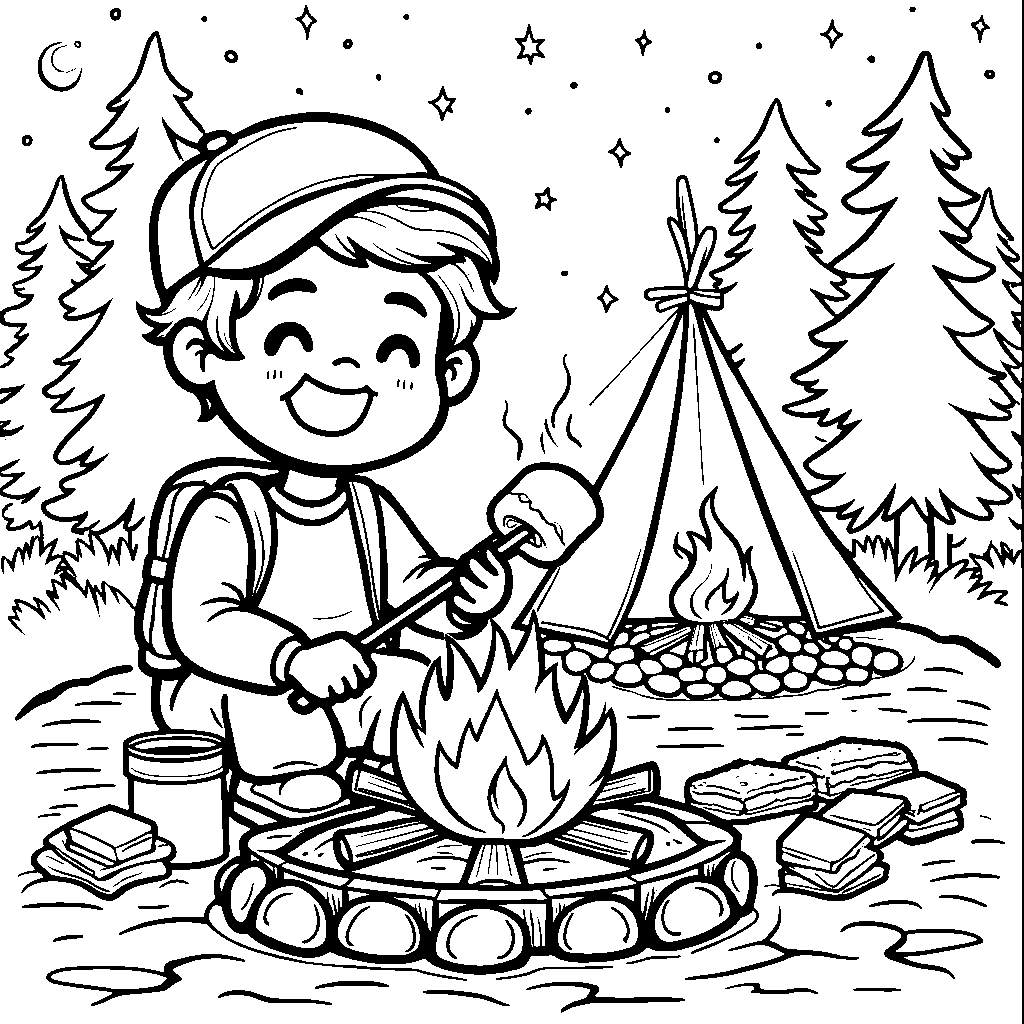 A happy camper roasting a marshmallow over a campfire