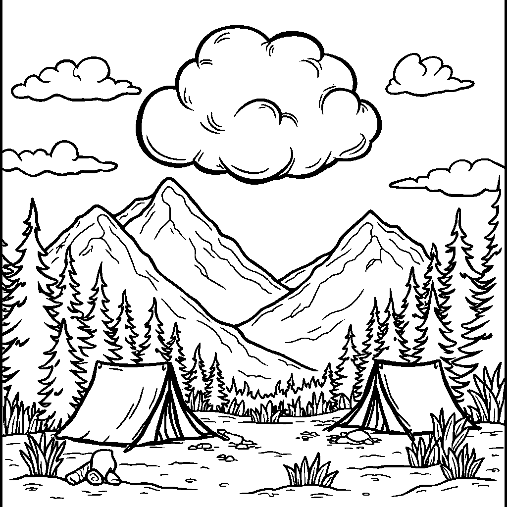 A marshmallow cloud floating above a campsite