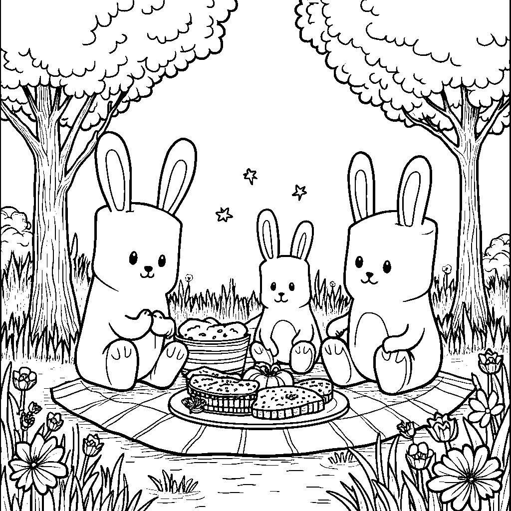 A marshmallow family having a picnic in the woods