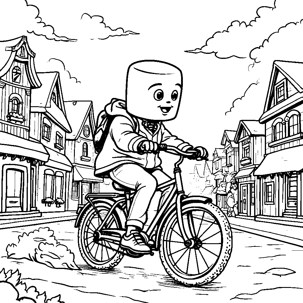 A marshmallow riding a bike through a chocolate-themed town