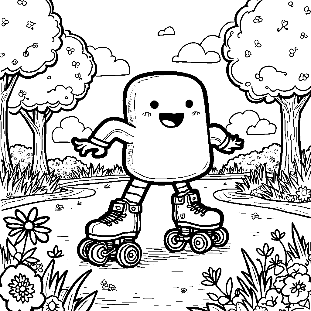 A marshmallow wearing roller skates, gliding through a park