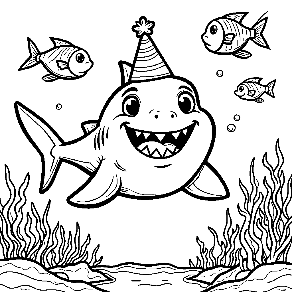 A cartoon shark wearing a party hat swimming with colorful fish