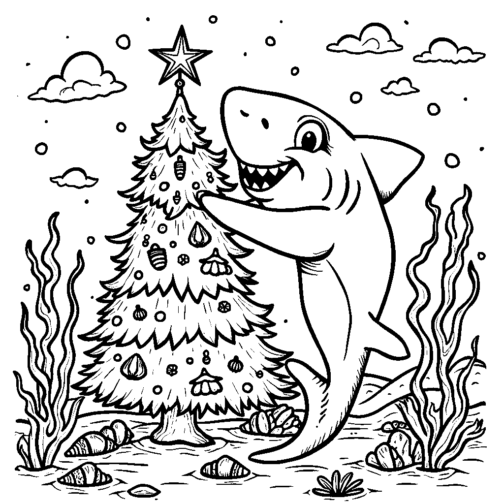 A joyful shark decorating an ocean Christmas tree with sea shells.