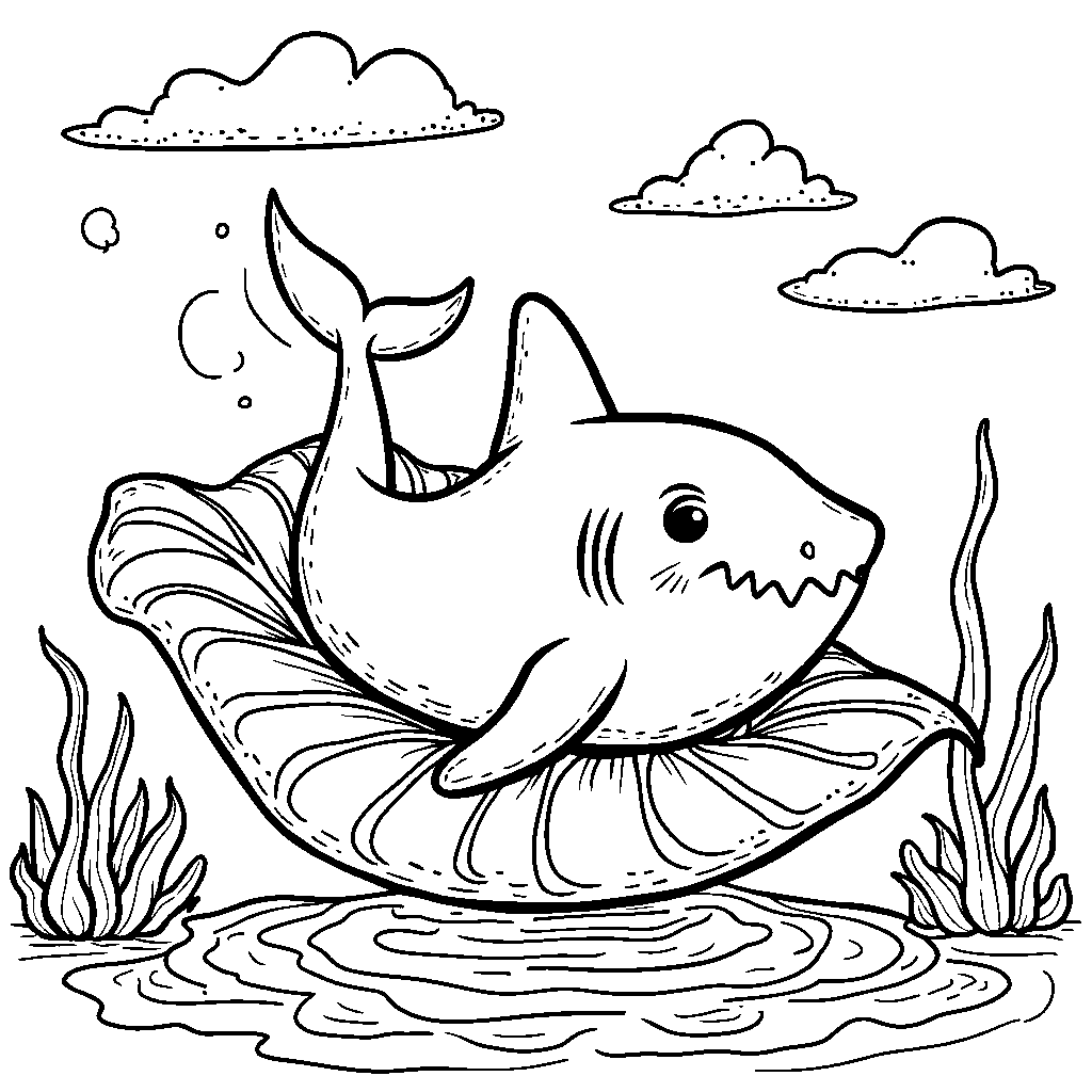 A shark daydreaming while floating on a giant leaf