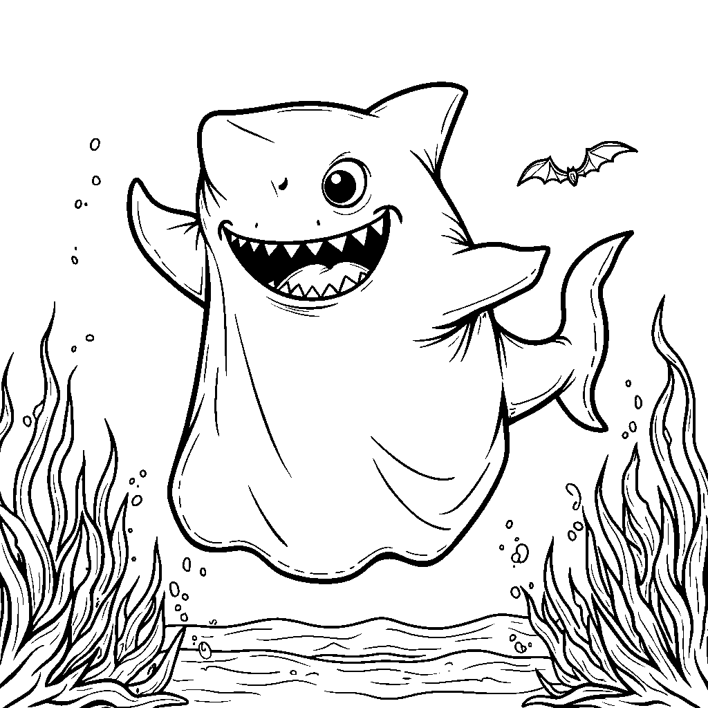 A shark dressed up for Halloween with a ghost costume.