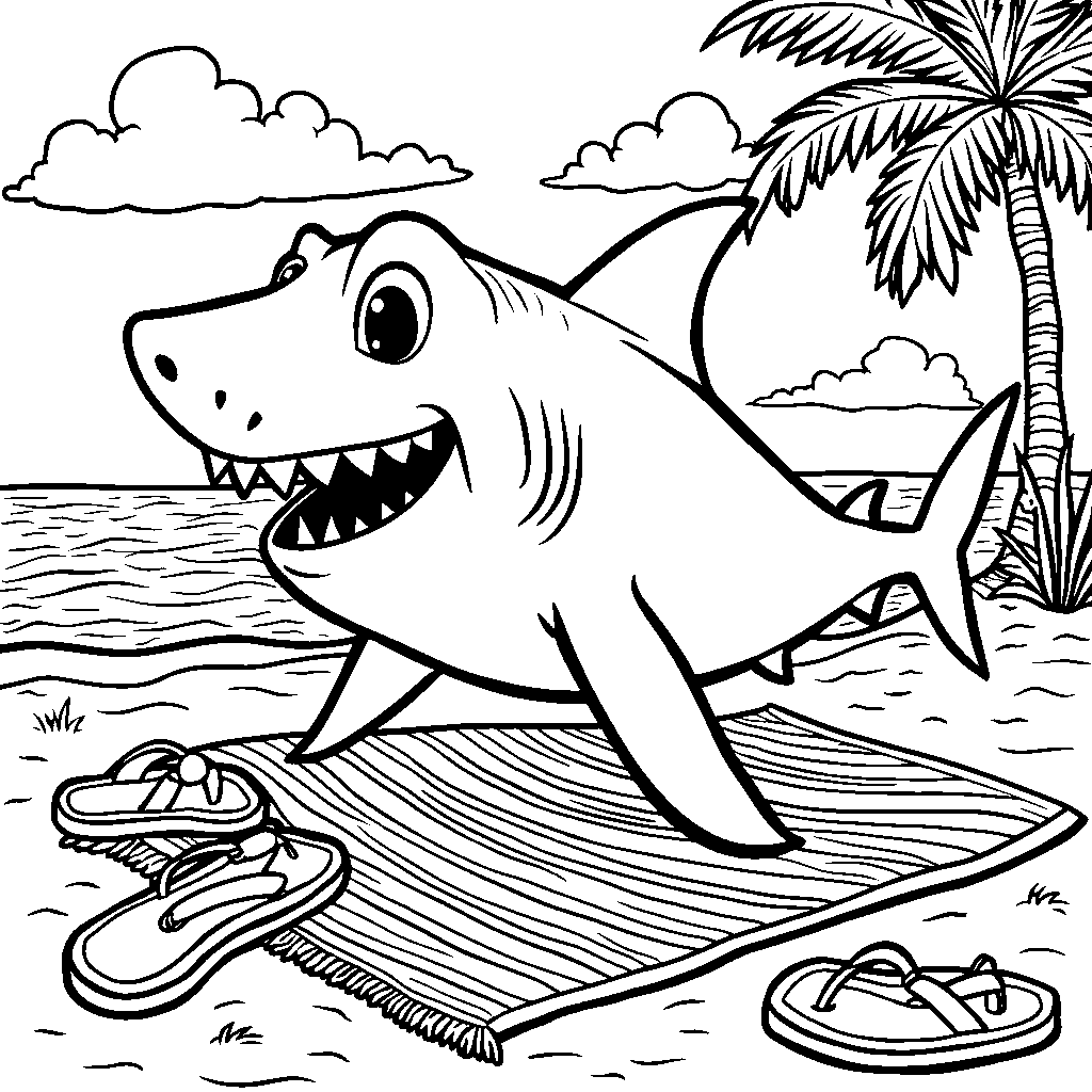 A shark enjoying a beach day with flip-flops and towels