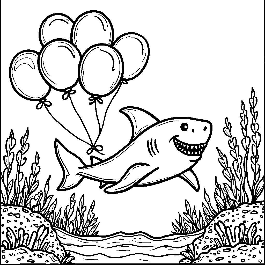 A shark floating in the sea with balloons tied to its fin