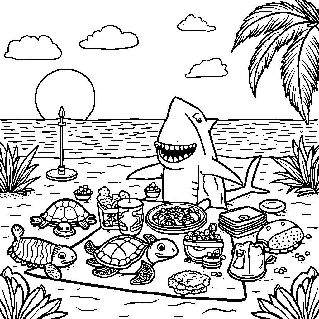 A shark having a picnic with other sea animals on the beach