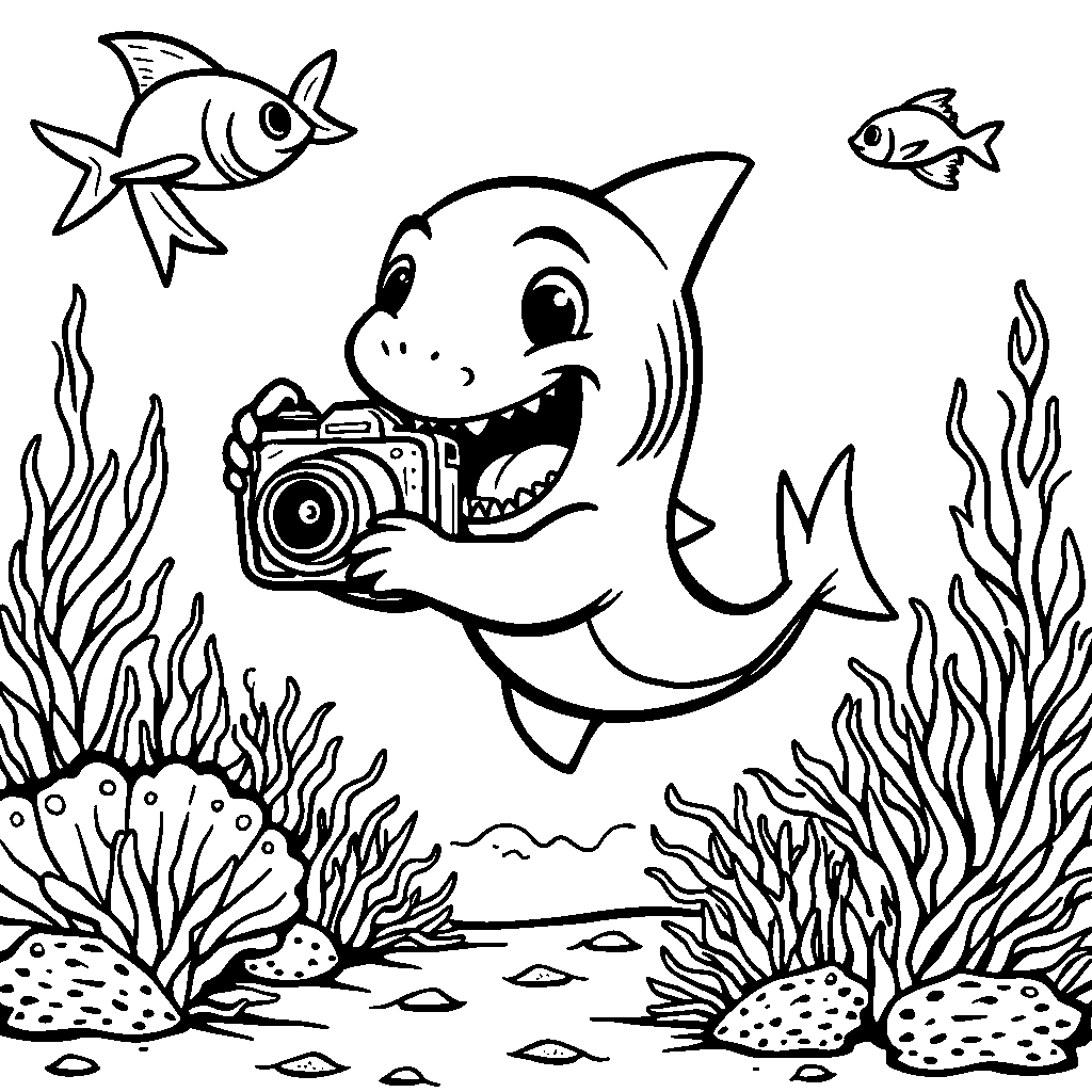 A shark holding a camera, taking pictures of ocean life.