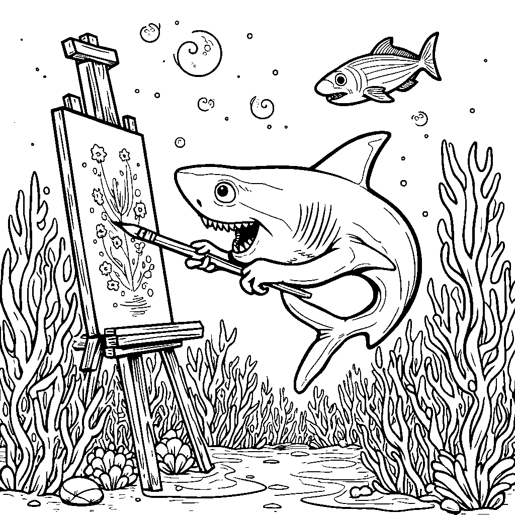 A shark painting a masterpiece on a canvas underwater