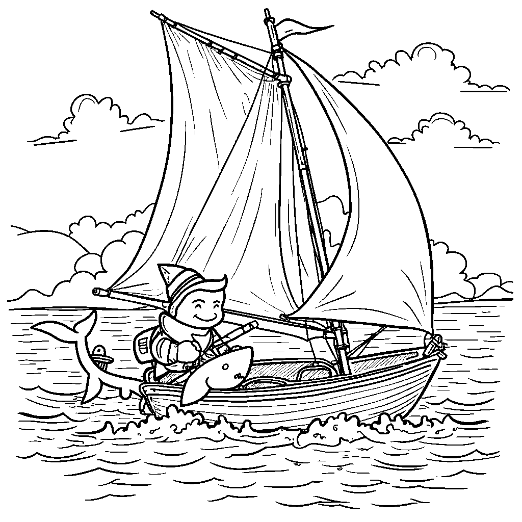 A shark participating in a sailing race with a sailboat