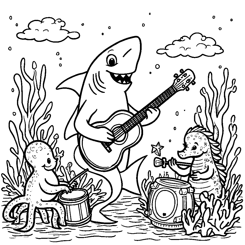 A shark playing musical instruments with colorful sea creatures