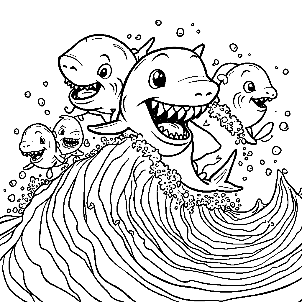 A shark riding a wave with all its finned friends cheering