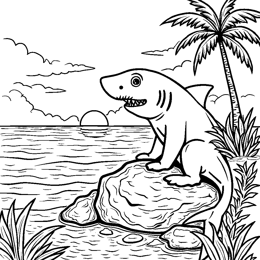 A shark sitting on a rock, watching the sunset over the ocean.