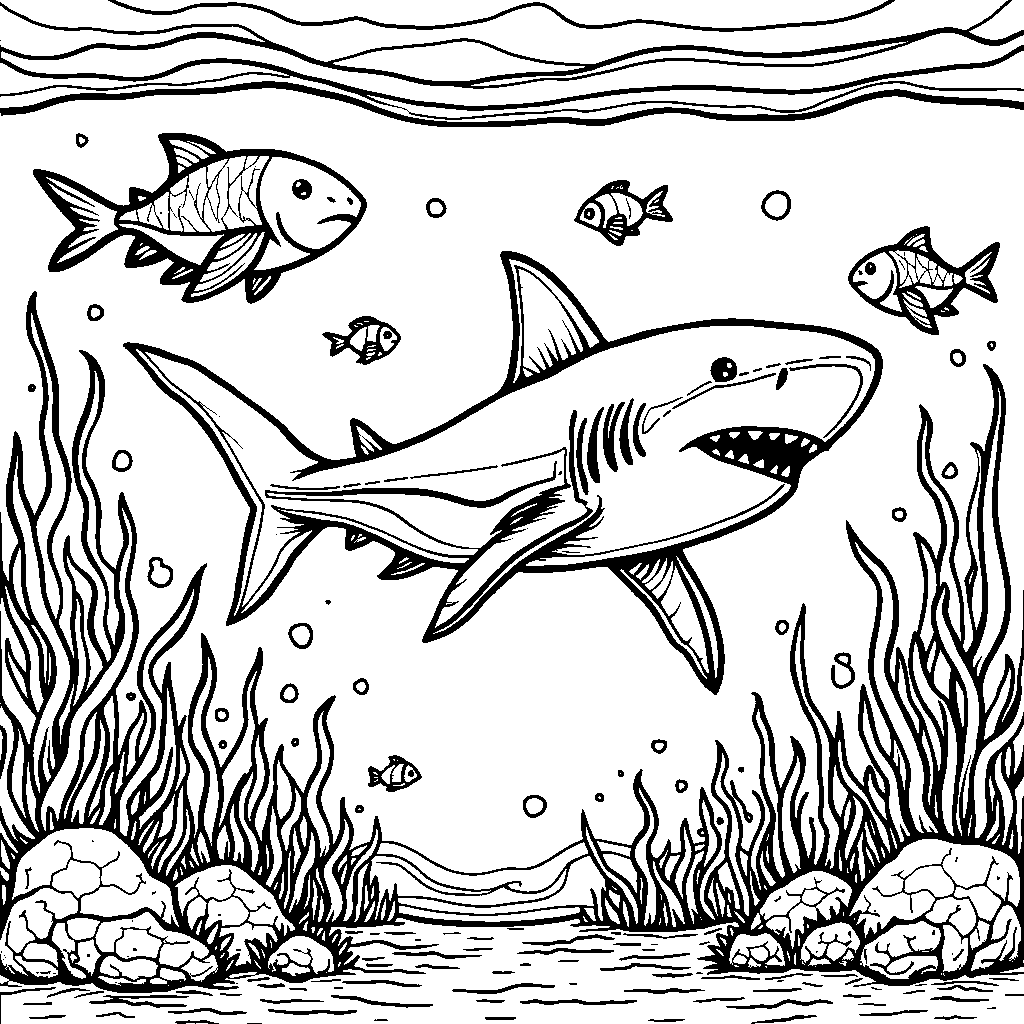 A shark swimming with friendly whales and colorful fish