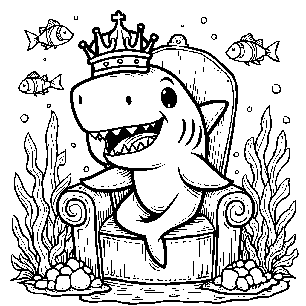 A shark wearing a crown, sitting on an ocean throne